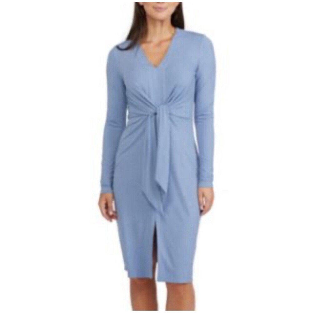 Ellen Tracy Long Sleeve B-Neckline Tie Waist Dress In Dusk Blue Sz L New